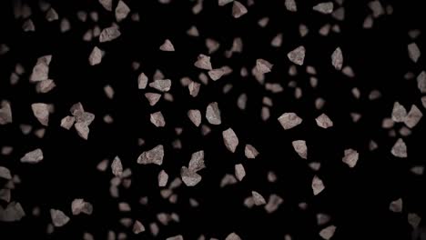 volando muchas piedras de roca en fondo negro. explosión de salpicaduras rotas. concepto de desafío. animación 3d de salpicadas de piedra girando. animación de bucle.