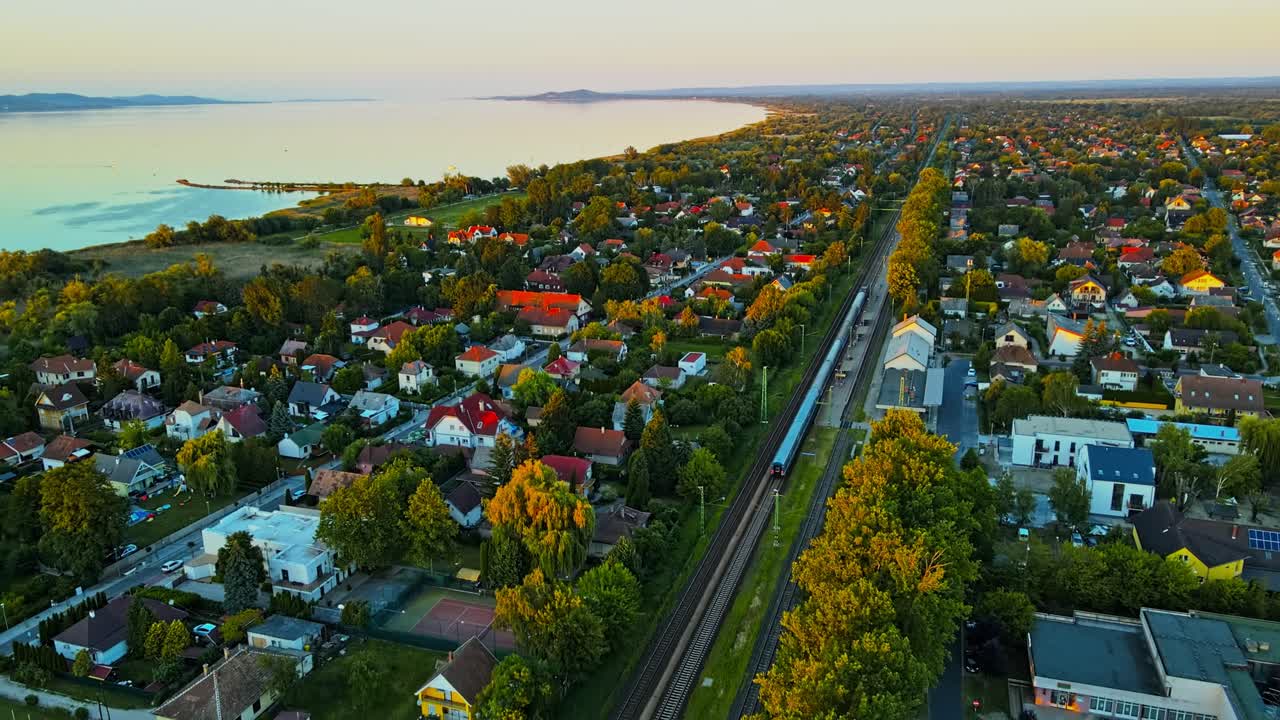 Aerial 4k Drone footage of Balatonm&aacute;riaf&uuml;rdő a village located on the southern shore of Lake Balaton in Somogy country, Hungary