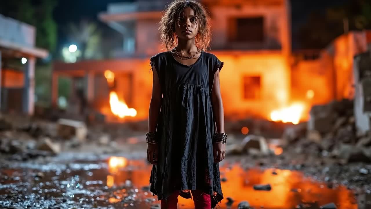 A woman standing in front of a burning house at night