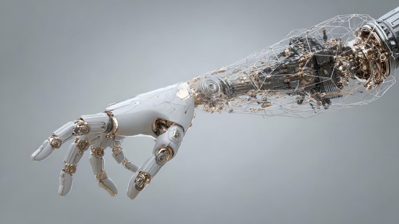 A Journey Through Advanced Robotics: An Intricate Examination of a Futuristic Mechanical Hand Transitioning from Open to Fist Position, Highlighting Technological Innovation