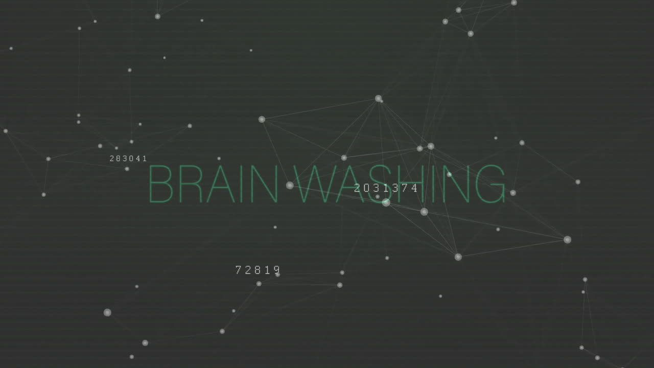 Animation of brain washing text and data processing on black background