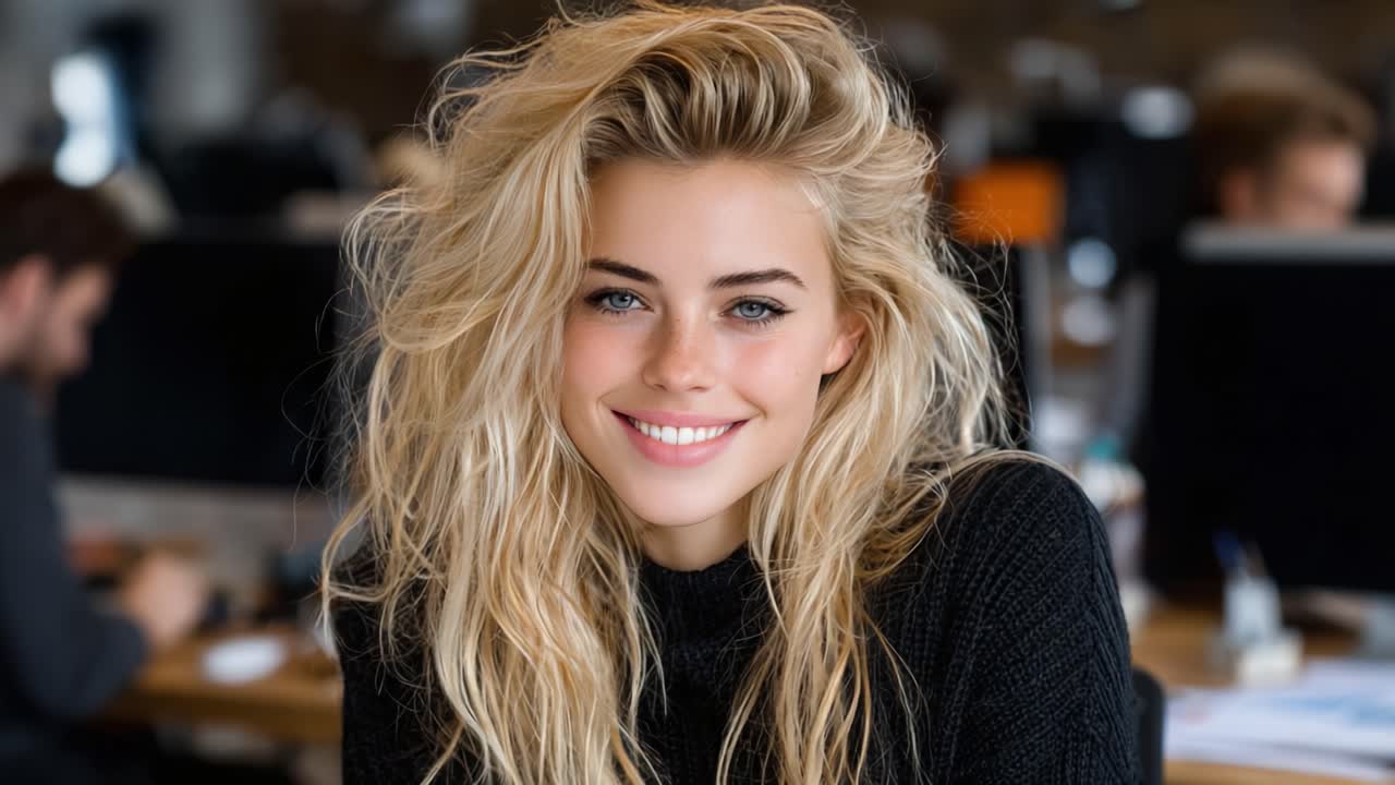 Sorrisi accattivanti: Una serie di ritratti che presenta una giovane donna con splendidi capelli biondi, pelle luminosa e un'espressione calorosa in un moderno ambiente di lavoro