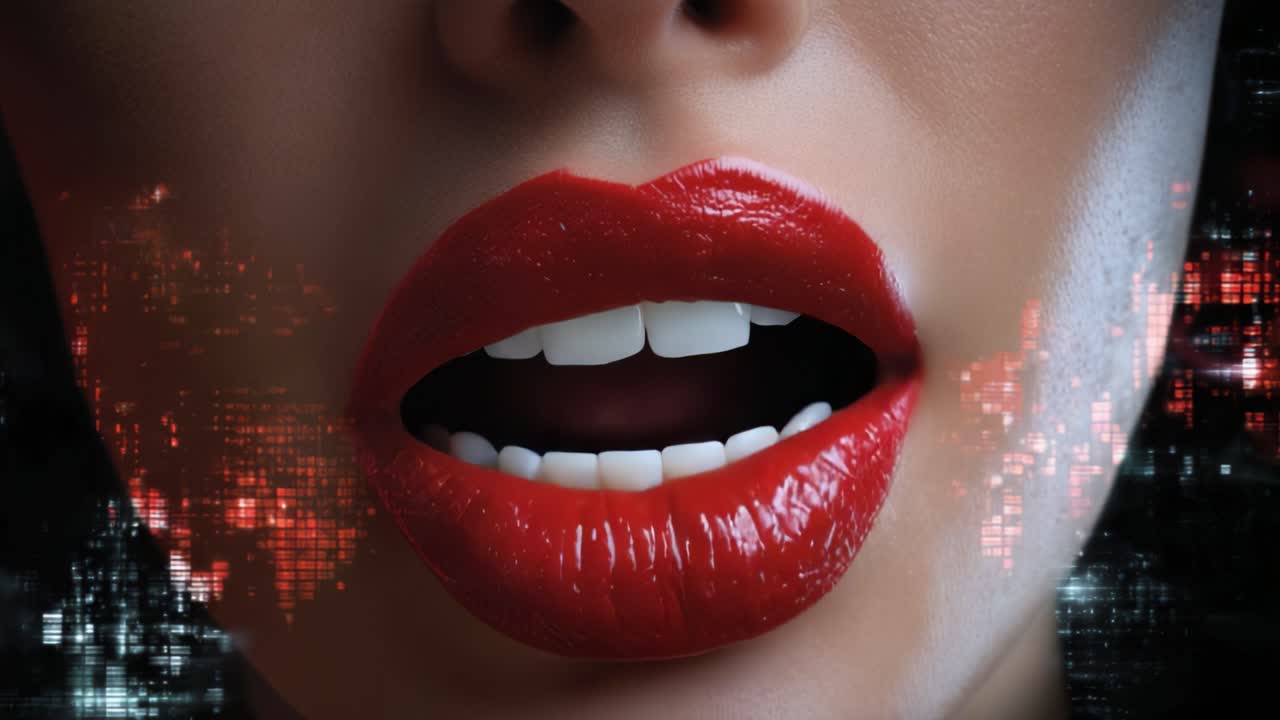 Primo piano di labbra rosse lucide con sfondo digitale scintillante in una vetrina di bellezza ed espressione, catturato in due fotogrammi di un video accattivante.