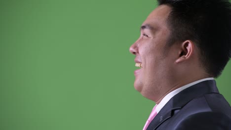 초록색 배경에 젊은 잘생긴 과체중 아시아 사업가
