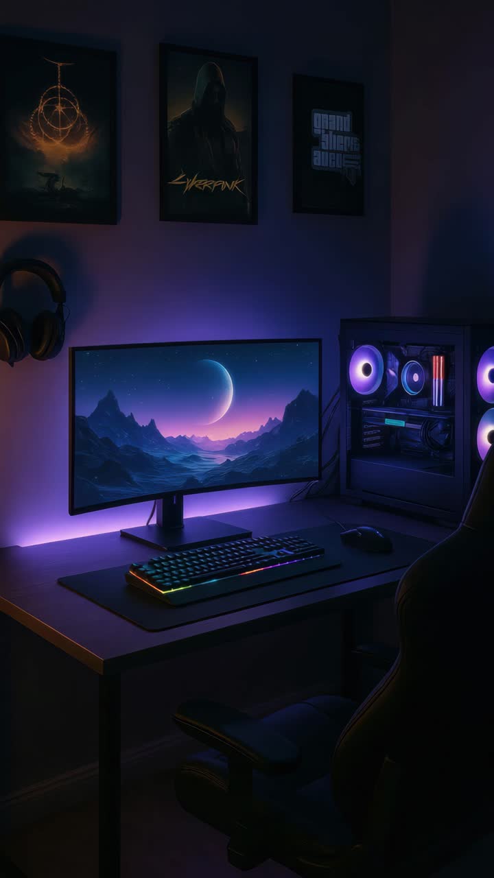 A low-angle shot of a gaming setup with neon lights, showcasing a futuristic theme