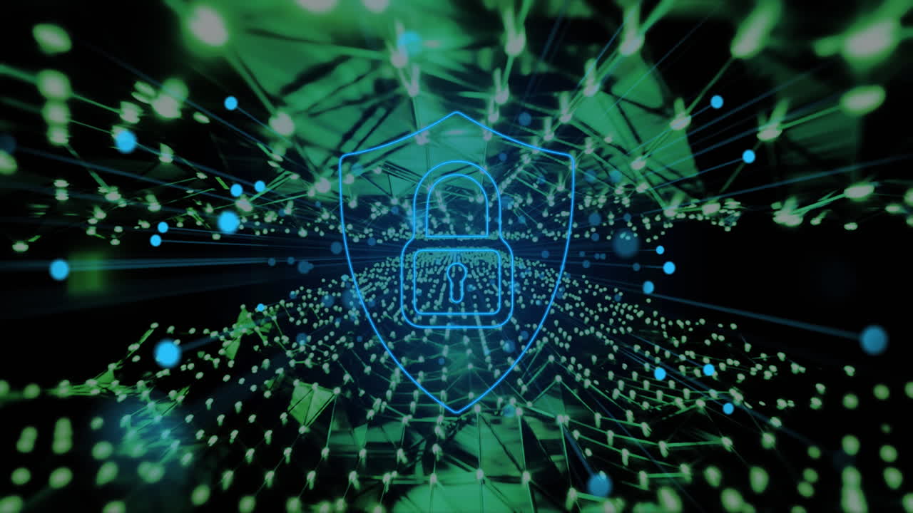 animación del icono del candado y procesamiento de datos a través de una malla de conexiones