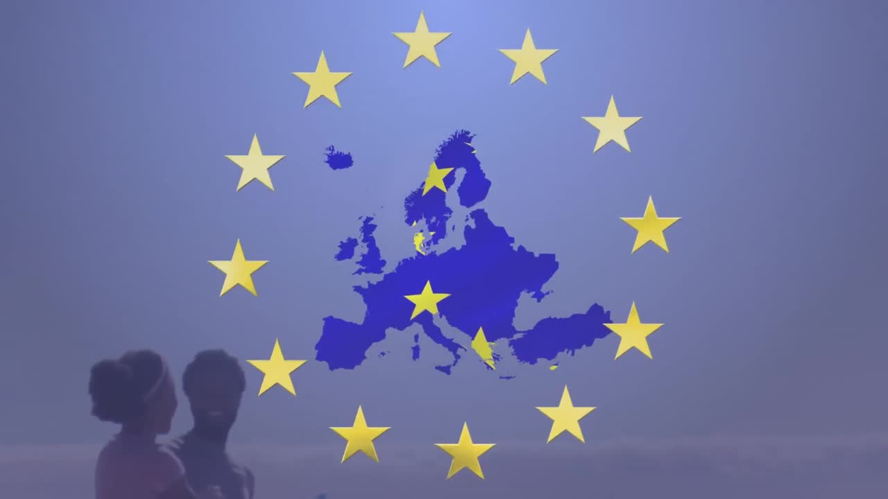 animación de la bandera de la ue sobre la pareja afroamericana