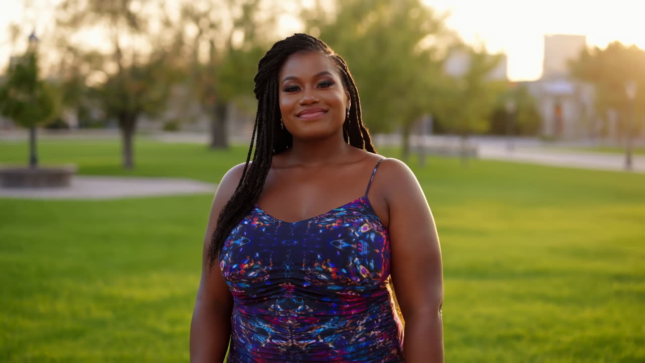 Jovem mulher negra sorrindo posando em um parque na hora dourada.