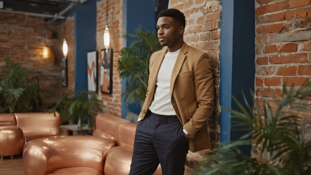 Stylish Man in Suit Leaning Against Brick Wall