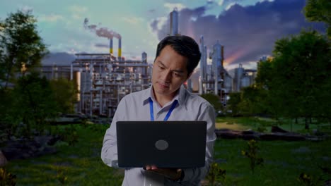 Asian Male Professional Worker Standing With His Laptop In Front Of Oil Refinery, Work Continuously
