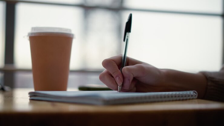 Close-up of hand writing in notebook on wooden table with beverage cup and blurred background showcasing structure, creating a cozy and focused work or study environment