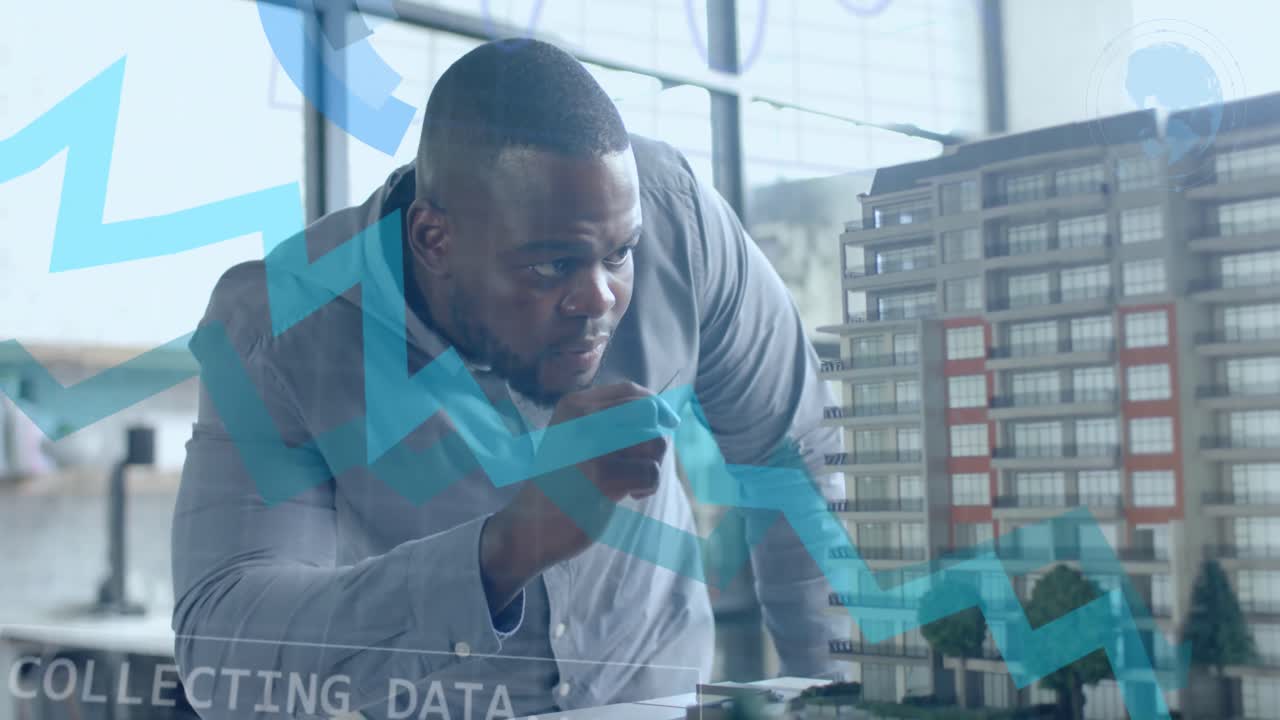 Graph and data processing over african american male architect studying building model