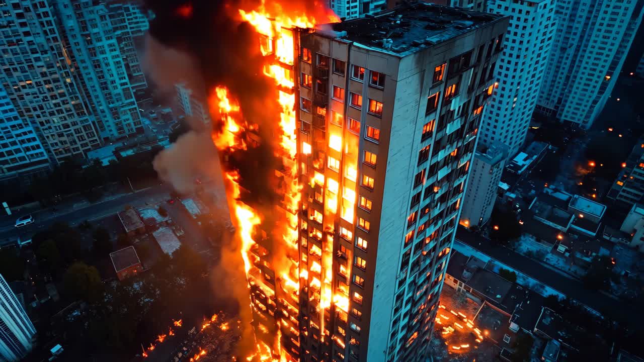 un edificio alto en llamas en el medio de una ciudad por la noche