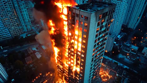 a tall building on fire in the middle of a city at night