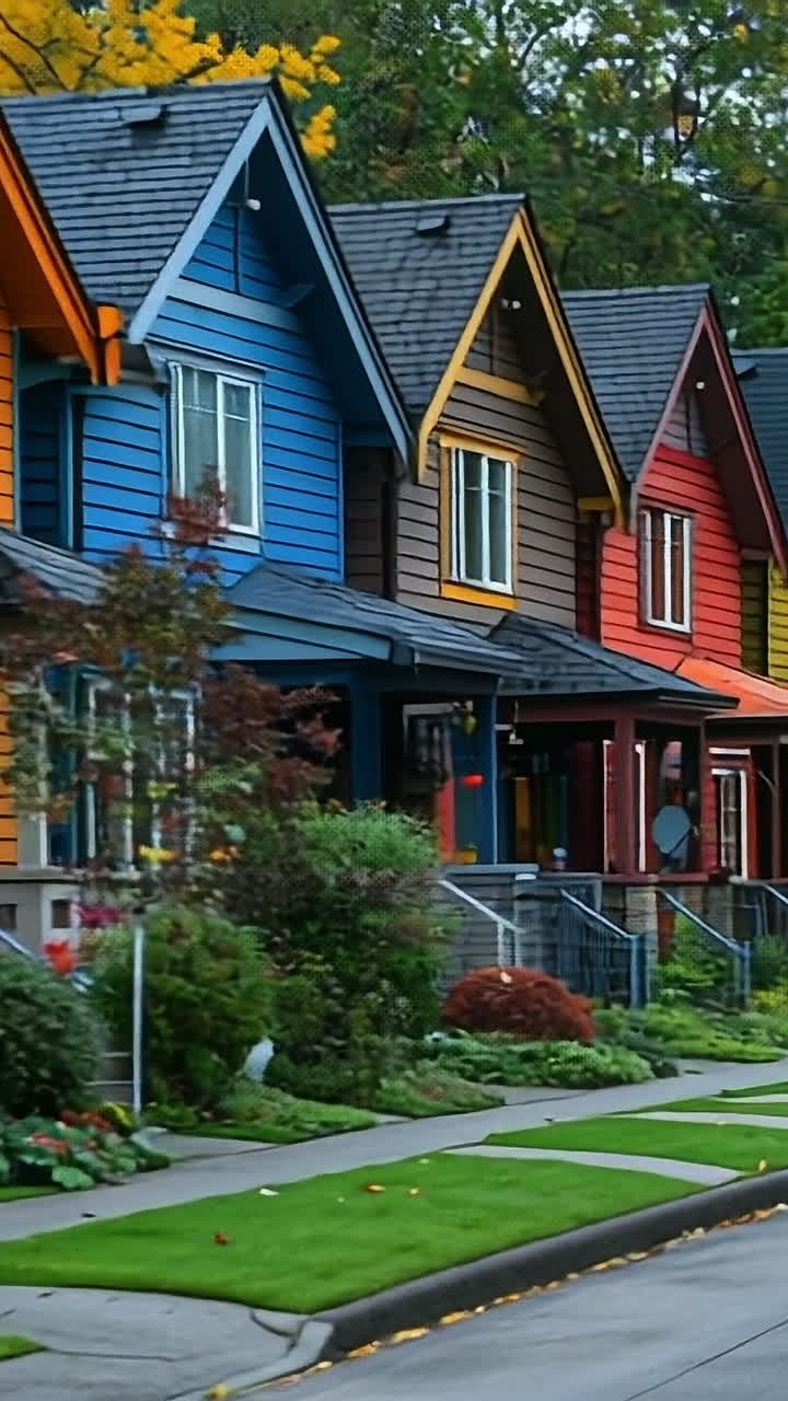Colorful row of houses in autumn. Vibrant homes lined up on a quiet street showcase various colors amidst lush greenery and fall foliage.