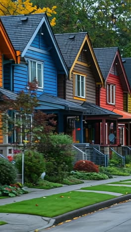 colorful row of houses in autumn. vibrant homes lined up on a quiet street showcase various colors amidst lush greenery and fall foliage.