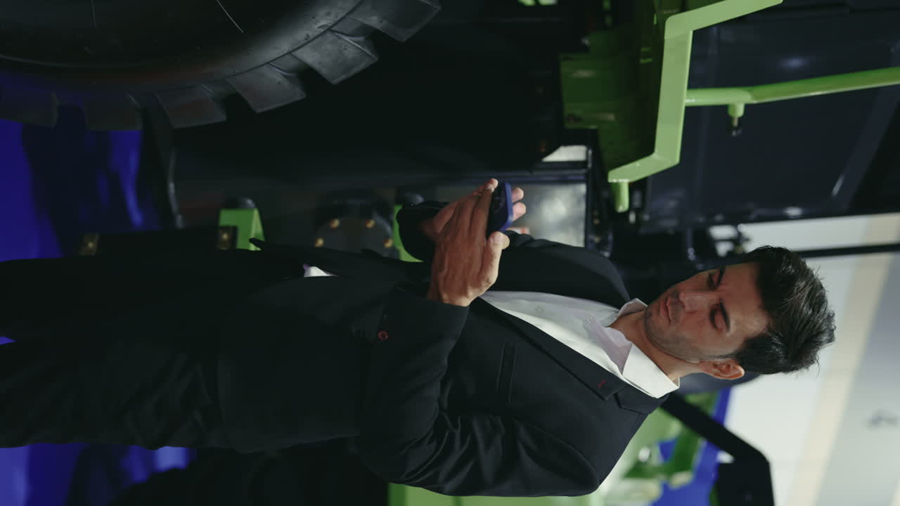 Businessman Examining Farm Equipment at an Exhibition