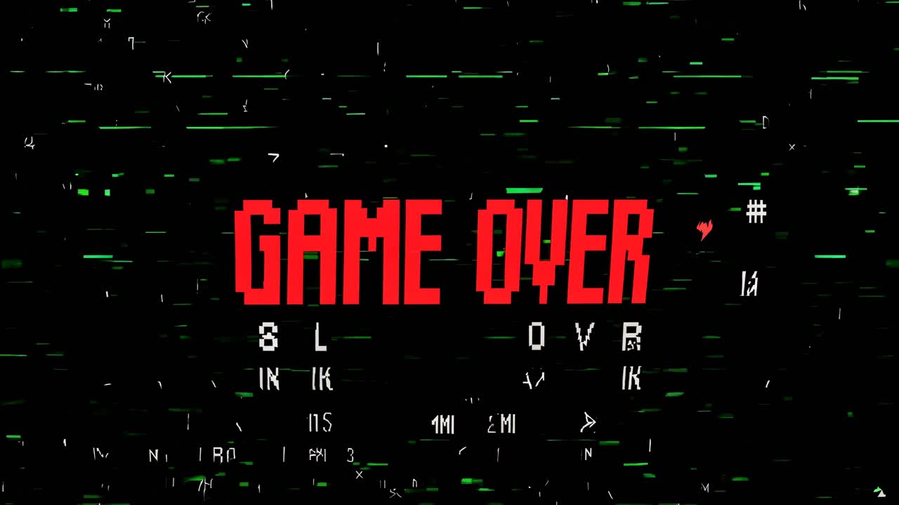 Retro video game screen with 'Game Over' text. Glitch effects and pixelated style, viewed