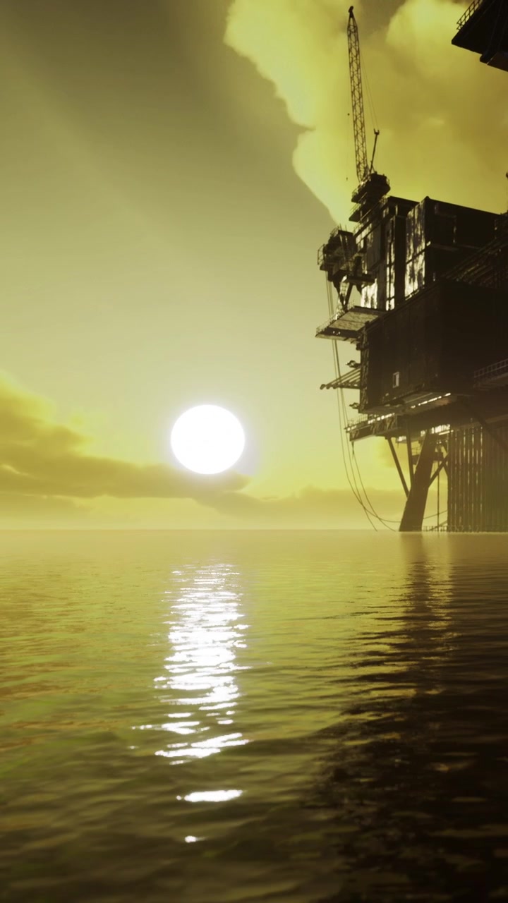 Sunset view of an oil rig over water in yellow tones at dusk