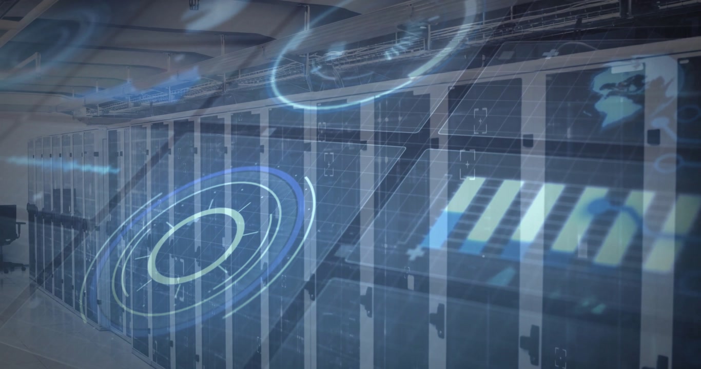 Upon start server cabinets displaying circles and bars fading pulsing rotating for monitoring data