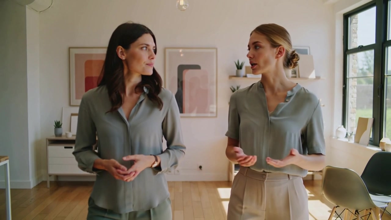 Walking two women in work clothes, right woman speaking and evaluating living room with framed art