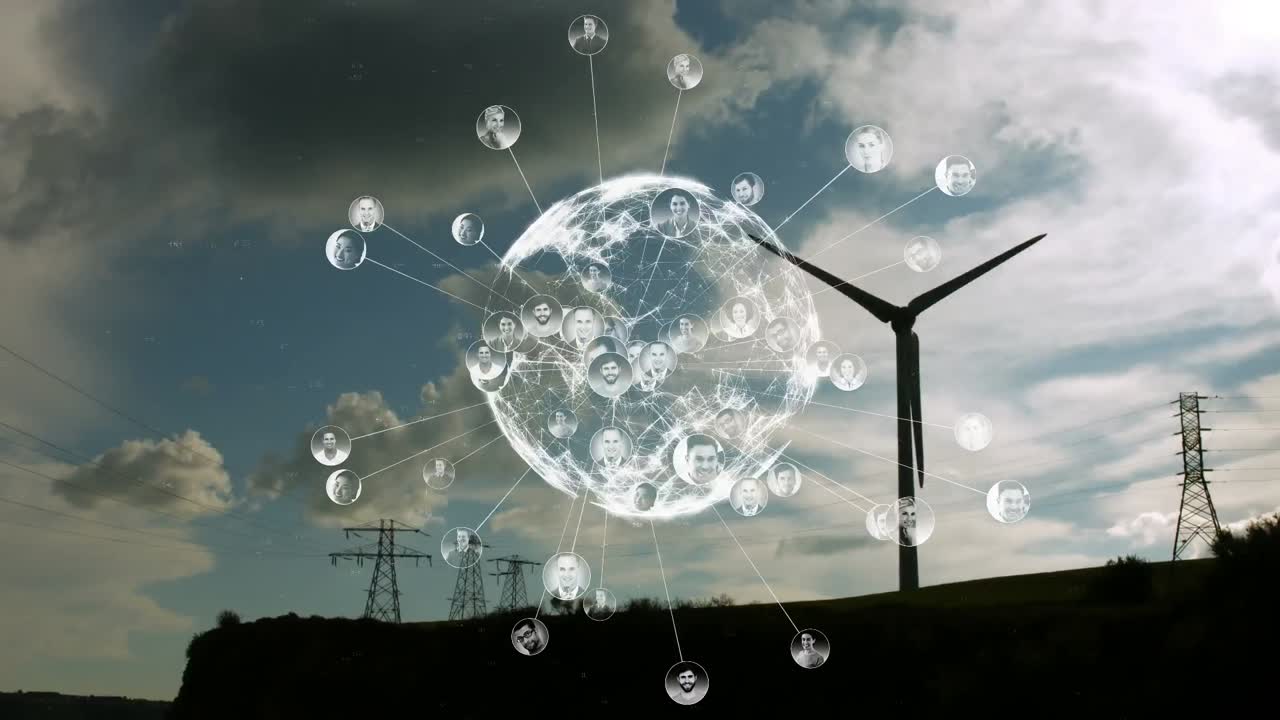 풍력 터빈을 통한 연결 네트워크와 함께 지구의 애니메이션