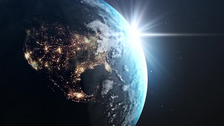 Terra em Rotação Mostrando Continentes e Luzes da Cidade do Espaço