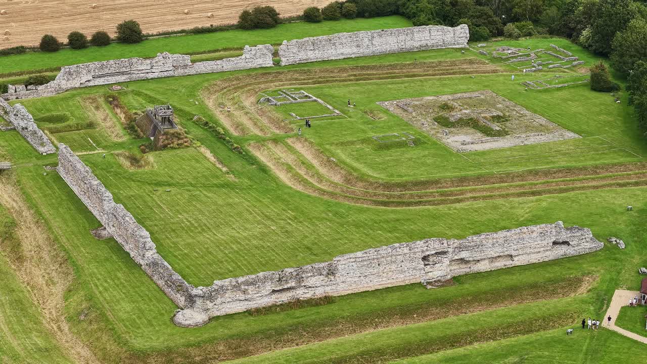 Aerial drone view of Richborough Roman fort and its defensive ditches in Kent, England