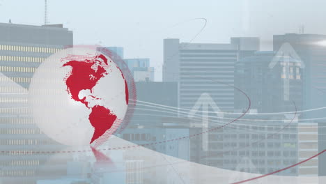 animation of spinning globe and arrow moving upwards against aerial view of cityscape