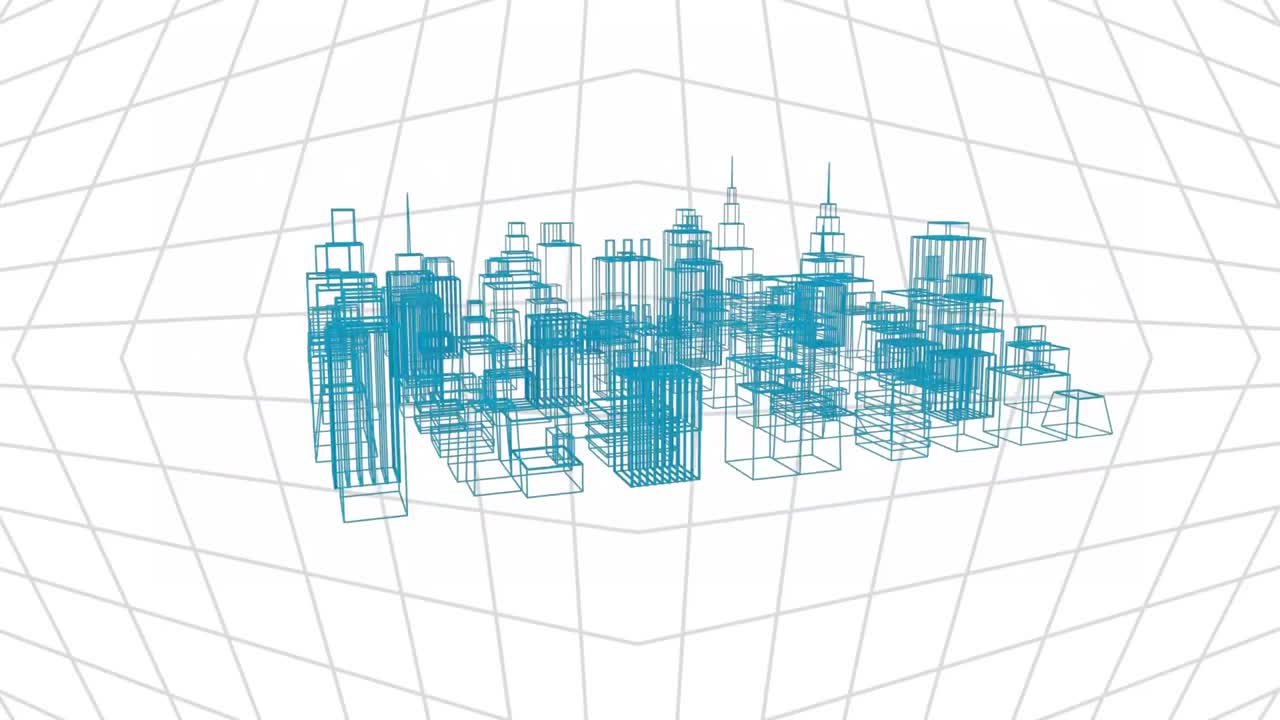 Animation of 3d architecture city drawing spinning over grid