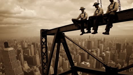 vintage construction workers on skyscraper