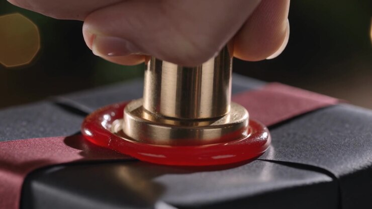 Lowering right hand stamping brass seal into red wax on table, sealing black box with ribbon