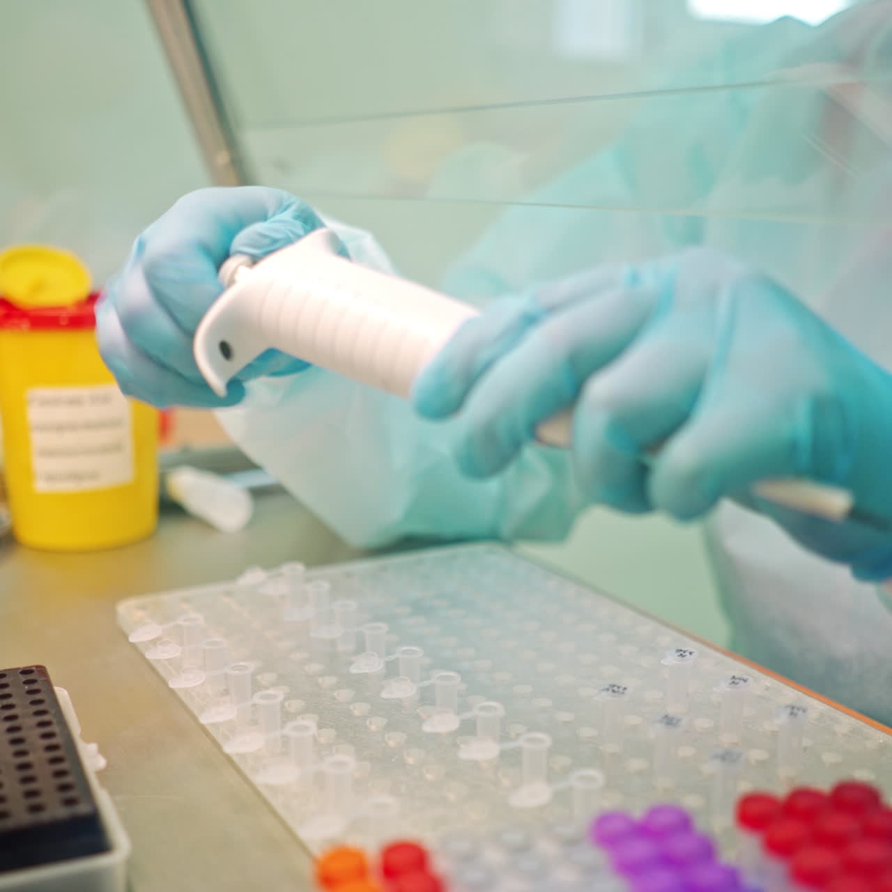 Worker in the laboratory. Laboratory technician in protective uniform is making research with different samples in clinic. Close-up.