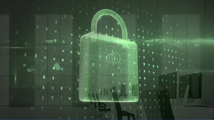Animation of digital padlock and numbers over computers in office