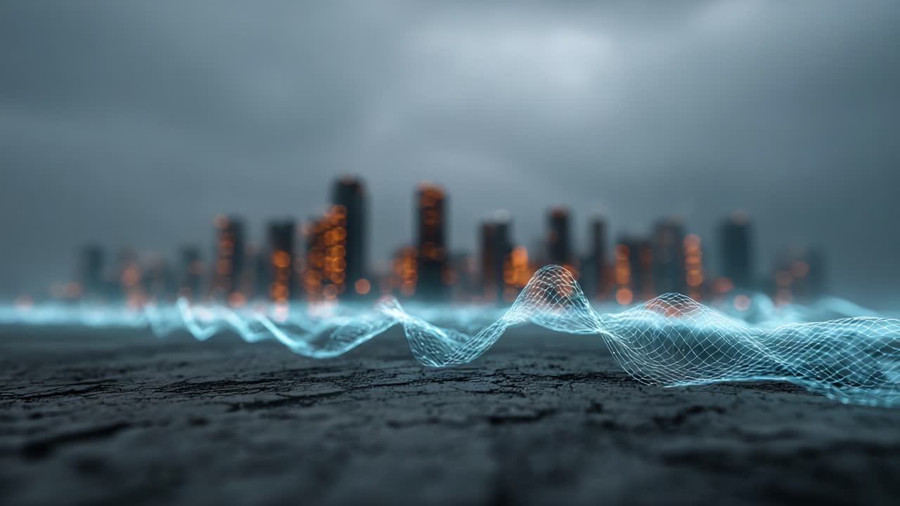 A mesmerizing visual captures the dynamic flow of sound waves against a blurred city skyline, blending technology and urban life in a captivating display of light and motion