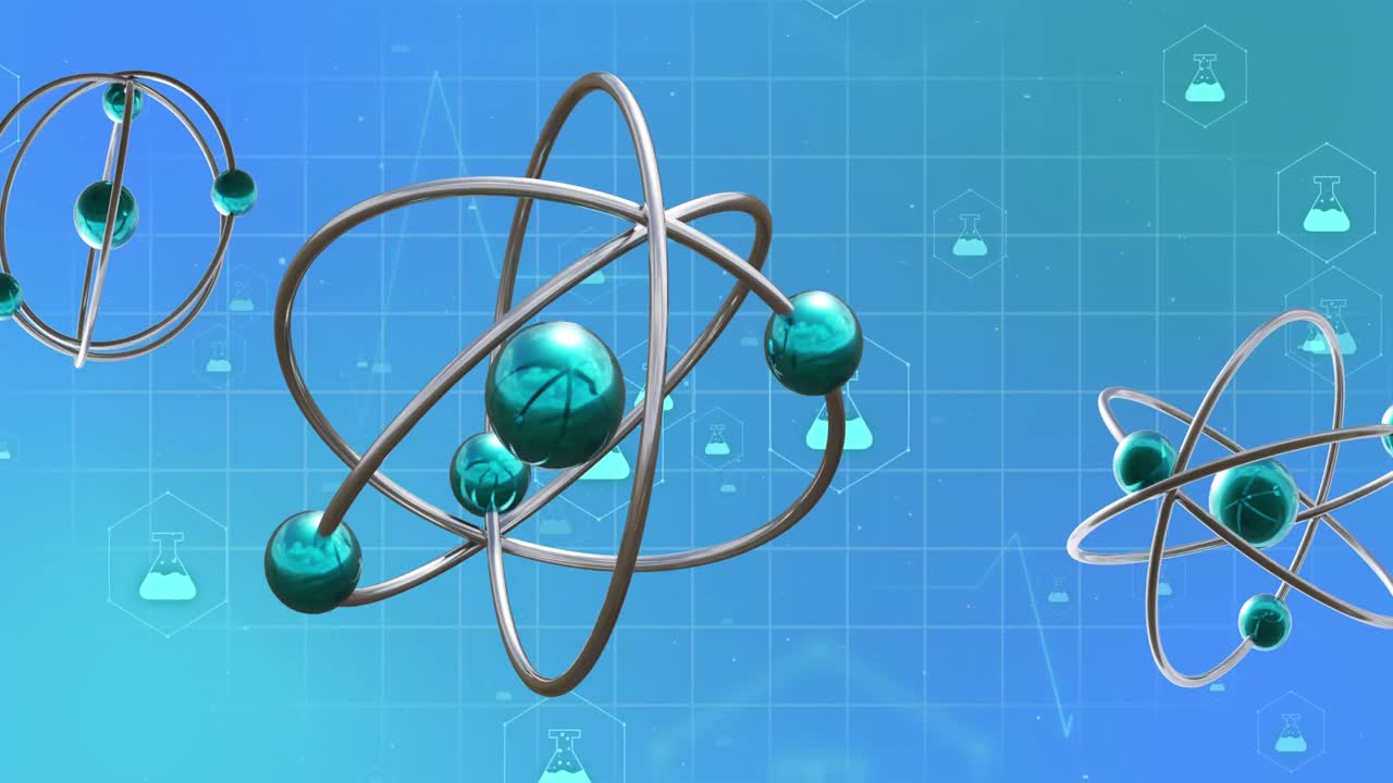 파란색 배경에 화학 아이콘과 원자의 애니메이션