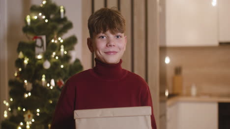 Front View Of A Blond Boy In Red Turtleneck Sweater Holding Gifts In A Room Decorated With A Christmas Tree 1