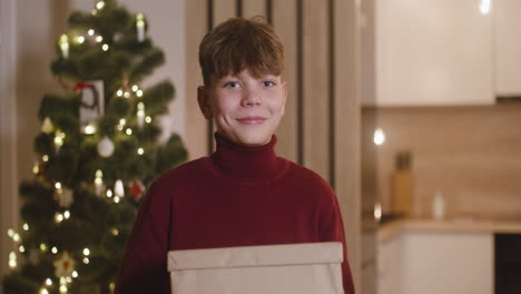 front view of a blond boy in red turtleneck sweater holding gifts in a room decorated with a christmas tree 1