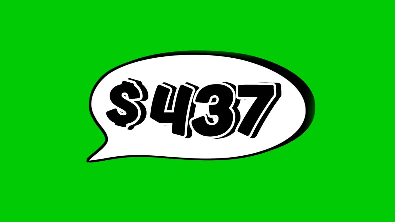 Animation $437 dollar price in a speech bubble green screen. Perfect for sales, ads, or promo videos. Easy to use and customize in your projects video element
