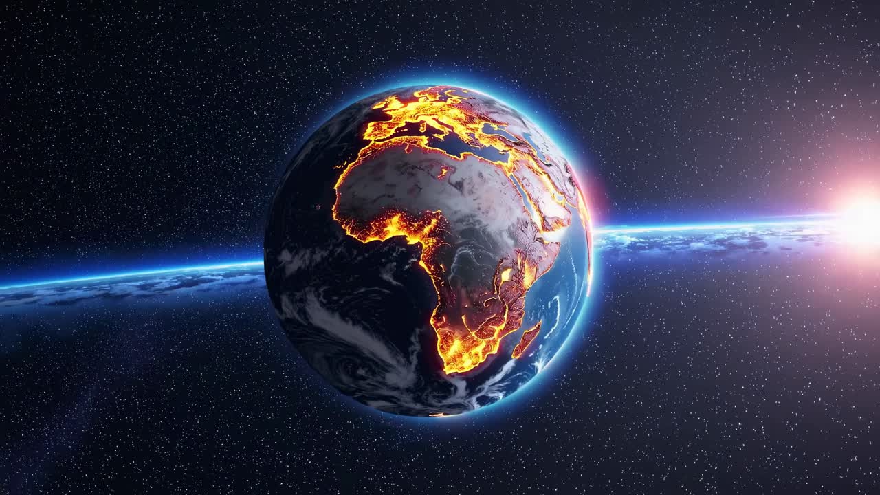 Un fotogramma video della Terra dallo spazio, che mostra una drammatica angolazione laterale con lava incandescente e un lontano