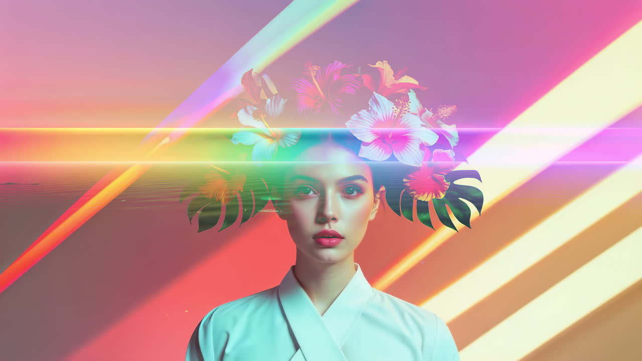 Ethereal Portrait of a Woman with Tropical Flowers and Vibrant Light
