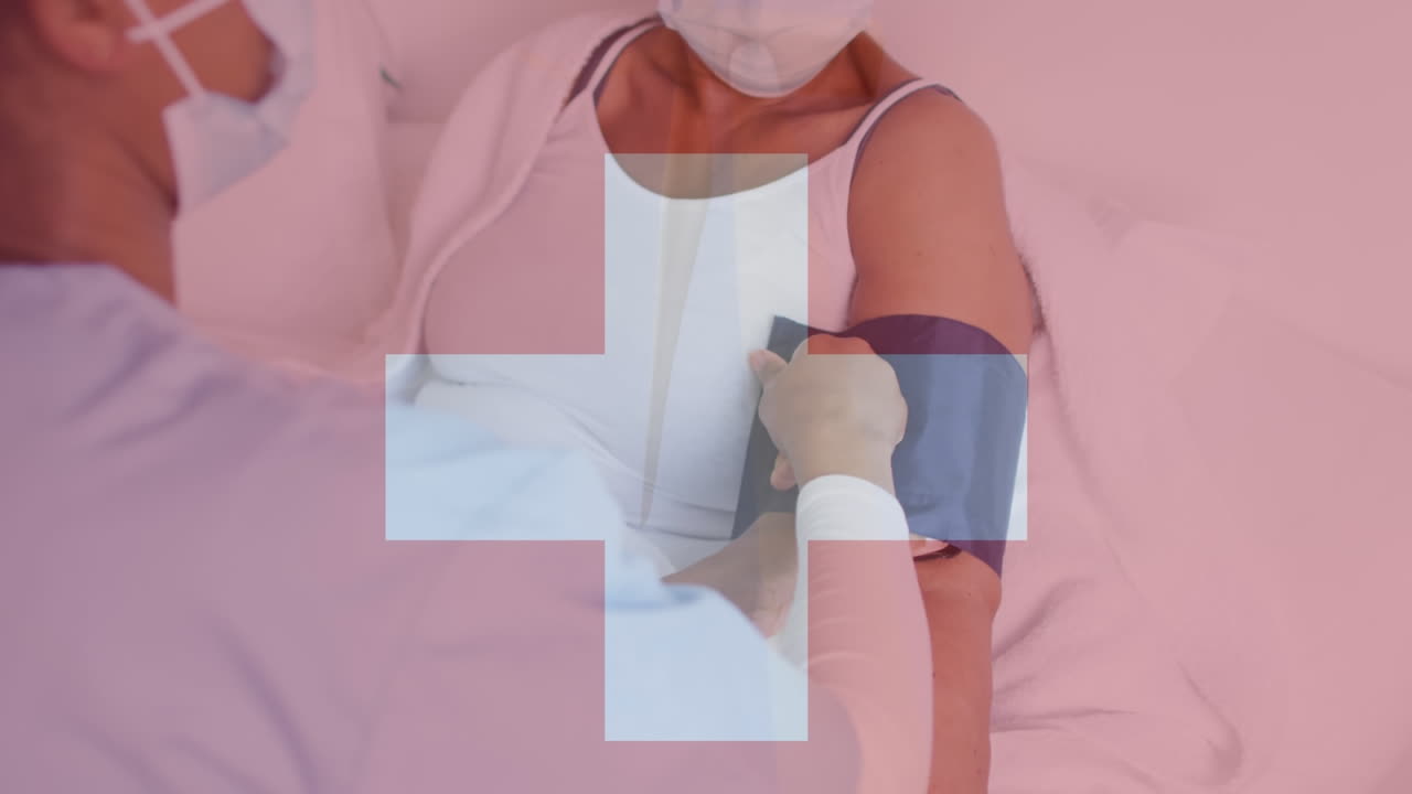 animación de la bandera de suiza sobre diversos médicos y pacientes que llevan máscaras faciales