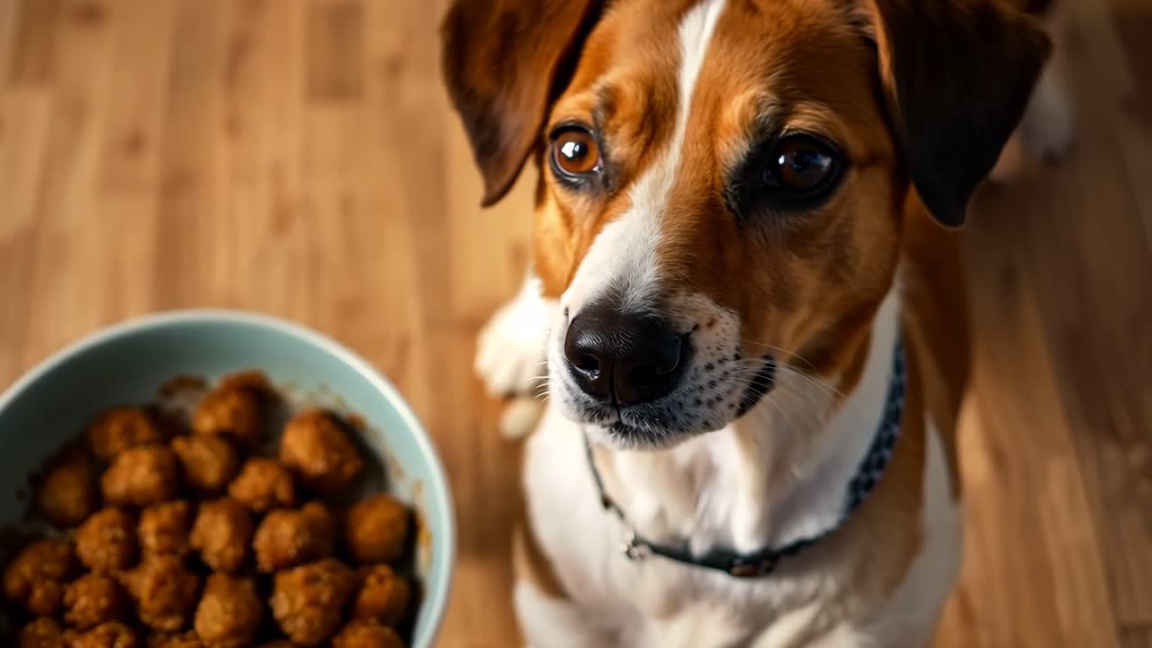 A dog looking up at a bowl of food on the floor