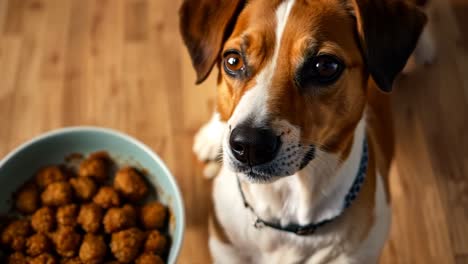 a dog looking up at a bowl of food on the floor