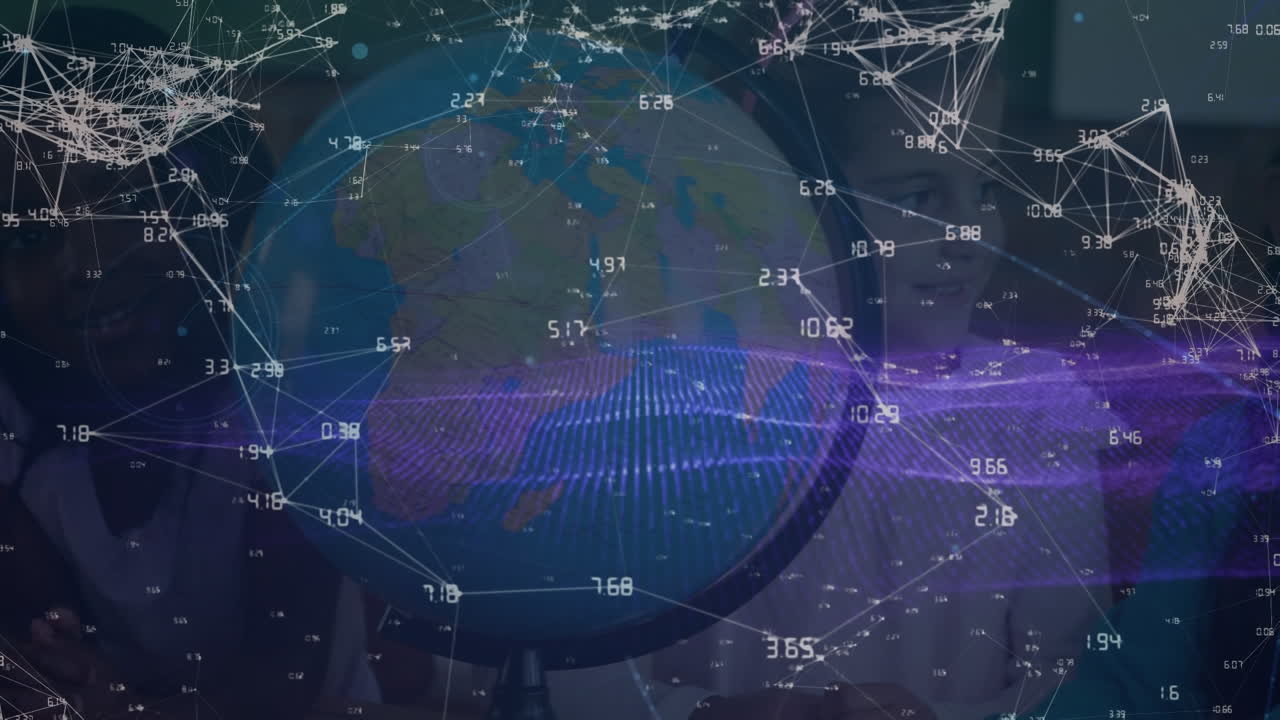 학교에서 세계 모형을 만지는 세 명의 다양한 소녀에 대한 연결 네트워크의 애니메이션