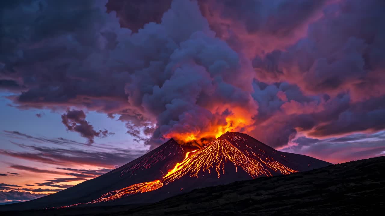 Eruzione del vulcano al tramonto