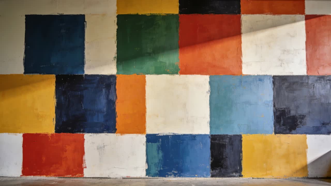 Ripresa di un murale dipinto in garage mentre la telecamera si sposta a destra, la luce si muove sui blocchi di colore