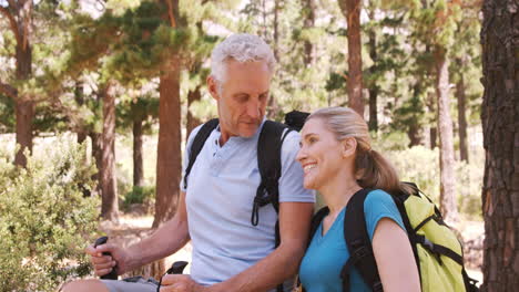 una pareja de excursionistas de pie con palos de senderismo