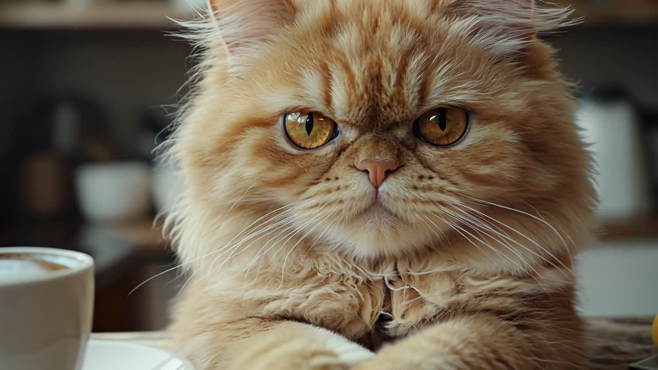 A cat is sitting on a table with a cup of coffee and a lemon. The cat appears to be angry and is staring at the camera