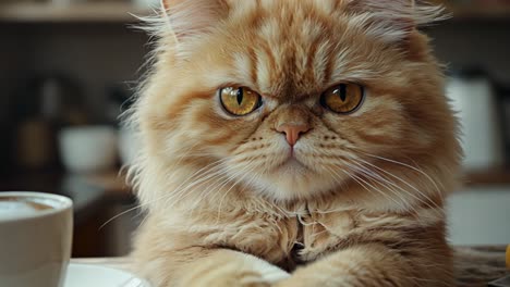 a cat is sitting on a table with a cup of coffee and a lemon. the cat appears to be angry and is staring at the camera